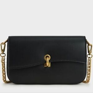 Charles & Keith Elegant Front Flap Handbag Vegan Black Leather W/Turnlock